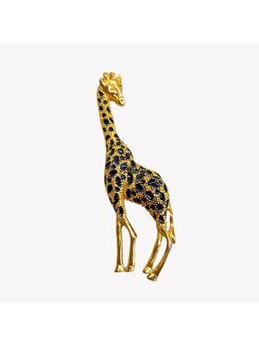 Large Gold Tone Black Enamel Giraffe Brooch Pin 4.5" Tall